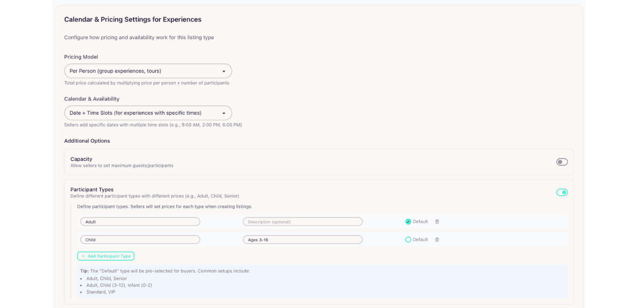 Participant types pricing settings