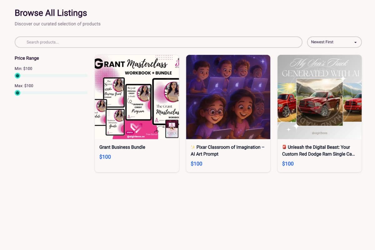 Imagination Market all listings page