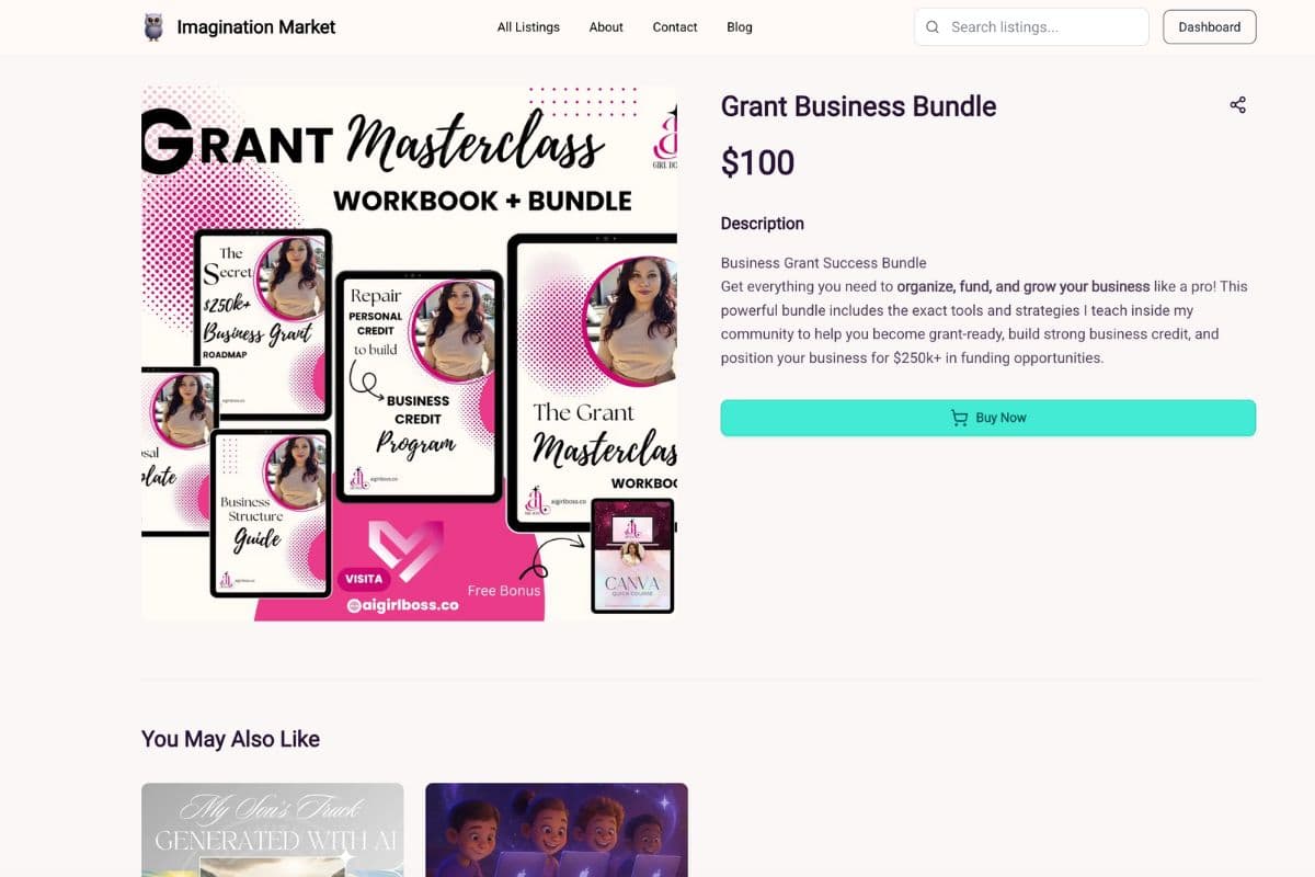 Imagination Market specific listing page