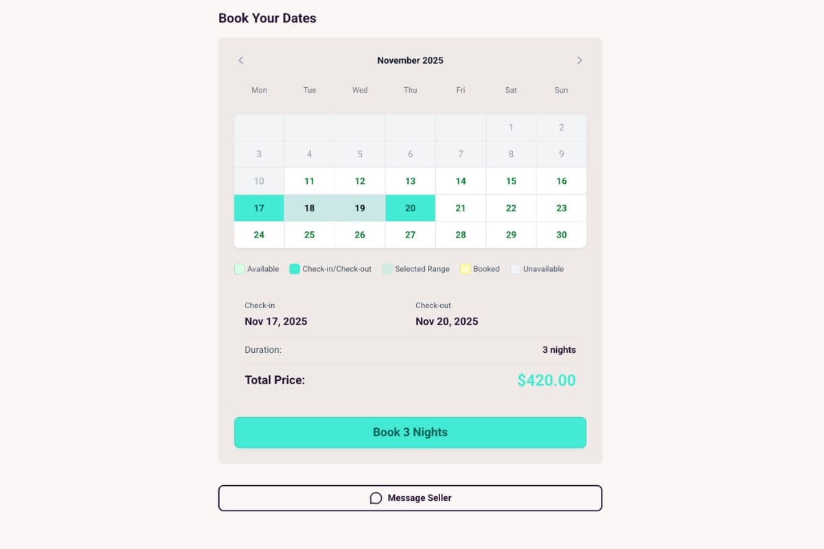 RareRoamer booking calendar